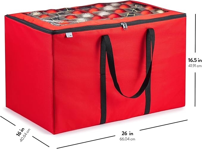 ZOBER Christmas Ornament Storage Box - Stores 200 3" Ornaments with Individual Trays - Tear Proof 600D Oxford Fabric - ornament organizer storage box (Red, 200-3" Ornaments)