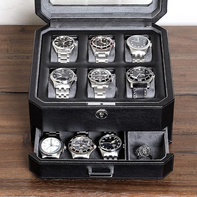 ROTHWELL Gift Set 6 Slot Leather Watch Box and 2 Watch Travel Case - Luxury Case Organizer, Microsuede Liner, Locking Mens Jewelry Watches Holder, Storage Boxes Glass Top (Black/Grey Gift Set)