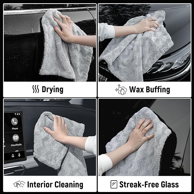 LIVOS Car Drying Towel, Premium Microfiber Towels for Cars, 1000GSM, Edgeless Twisted Loop Design, No Streaks, Scratches, or Water Spot, Absorbent Wash Towel, 18" x 24" (Wave Silver&Grey)