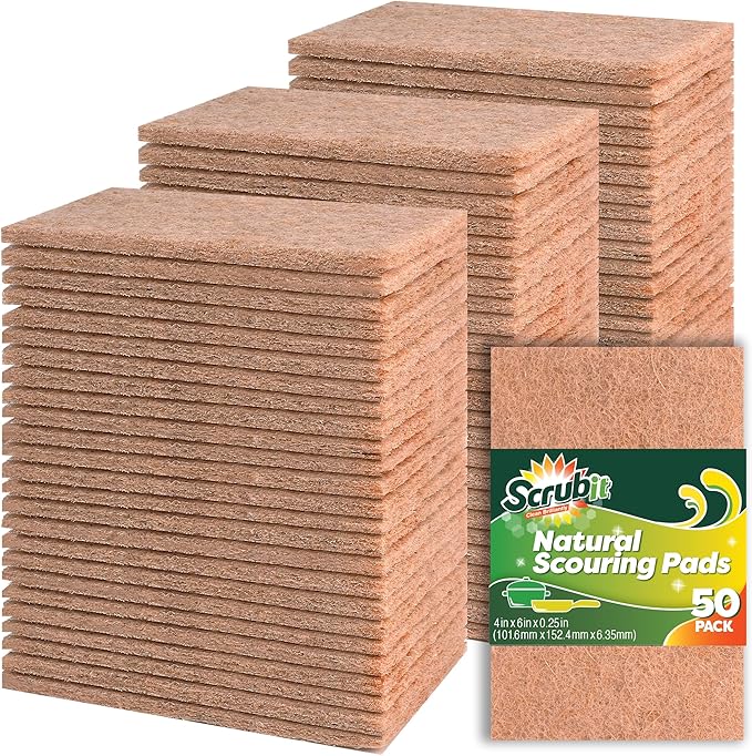 SCRUBIT Biodegradable Natural Scouring Pad Eco Friendly Scrub Pads for Kitchen Cleaning, Dishes, and Pots - Non-Scratch Compostable Coconut Walnut Scrubbers - 100% Natural Sisal Fibers (50)