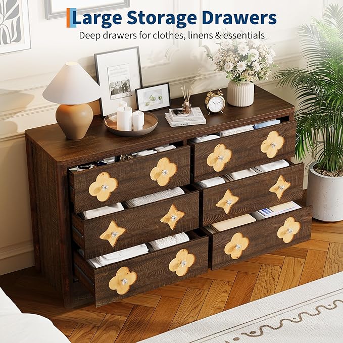Garvee Dresser for Bedroom with 6 Drawers, 47.2'' Wide Chest of Large Decorative Drawer Front with Large Clothes Storage Cabinet, Wood Bedroom Dresser, TV Stand for Nursery, Living Room, Brown