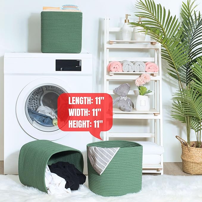 MINTWOOD Design 3-Pack 11x11 Inch Cube Storage Bin, Woven Storage Cube Organizer, Closet Organizer, Cute Square Storage Bins, Decorative Classroom Bathroom Pantry and Shelf Baskets, Green