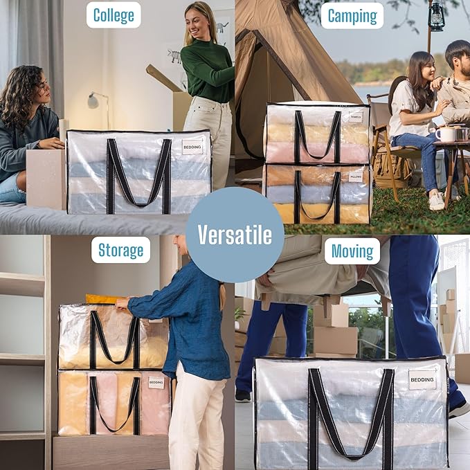 VENO 2 Pack Clear Moving Bags Christmas Storage Bags, Large Storage Bins with Lids, Heavy Duty Holiday Decor Organizers Moving Boxes Tote Packing Garland Ornament Supplies for College Dorm Clothes