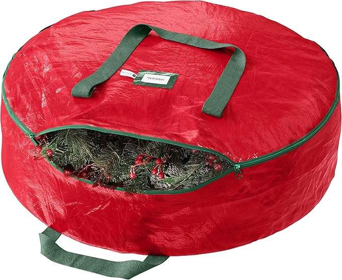 Heavy Duty Wreath Storage Bag 24 Inch, 1-Pack - Christmas Wreath Storage Container Red - Waterproof Plastic Material Wreaths Holder Storages - Holds 24 Inch Wreaths For Year Round