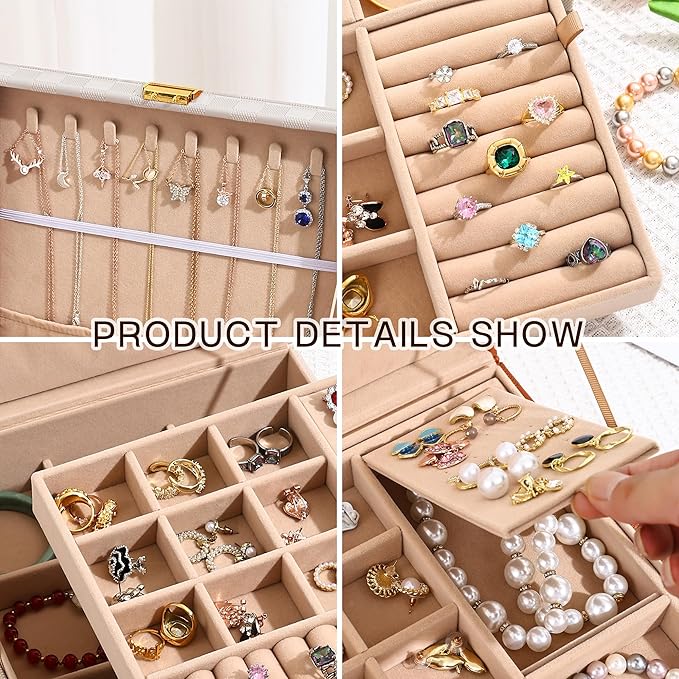 Jewelry Organizer Box, Jewelry Box Organizers for Women Girls, Jewellery Display Holder, 2 Layers Large Leather Jewels Storage Case for Earring, Rings, Necklaces, Bracelets, Watch, Ideal Gift (Beige)