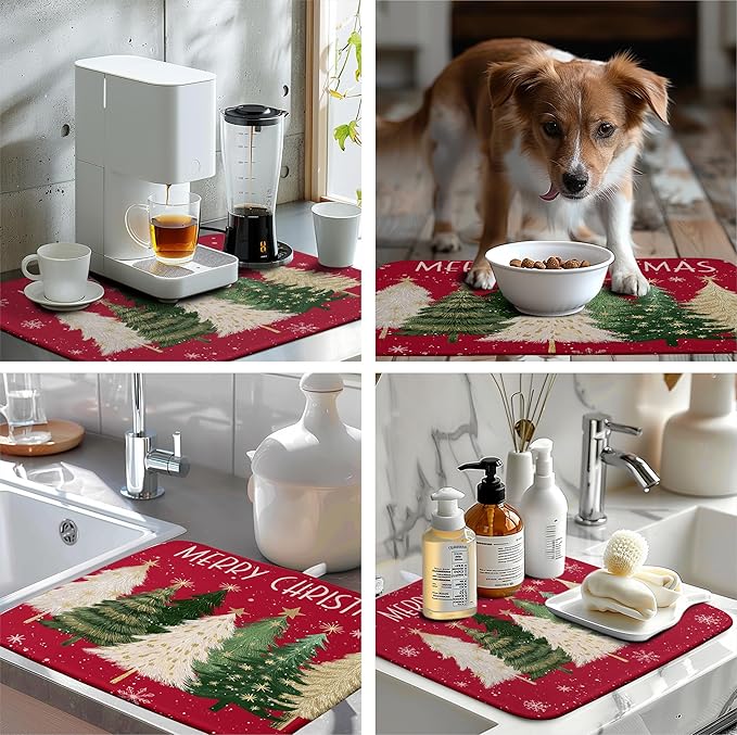 Wnoesat Merry Christmas Dish Drying Mat for Kitchen Counter 18x24 Inch Red Xmas Tree Snowflakes Drying Pad Winter Holiday Absorbent Microfiber Dish Draining Reversible Dish Drainer Rack Mat