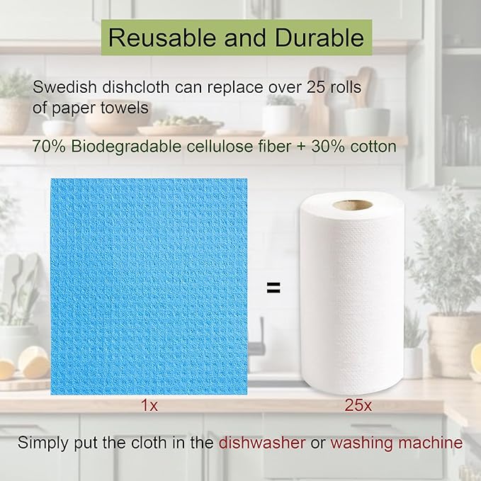 AMOUR INFINI Swedish Dishcloth Cellulose Sponge 8 Pack - No Odor, Resuable and Absorbent Cleaning Cloths for Kitchen, Bathroom, Glass Surface, Furniture (8"x7" Inch - Blue)