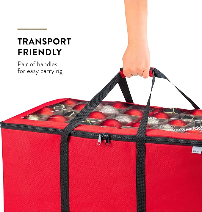ZOBER Christmas Ornament Storage Box - Stores 200 3" Ornaments with Individual Trays - Tear Proof 600D Oxford Fabric - ornament organizer storage box (Red, 200-3" Ornaments)