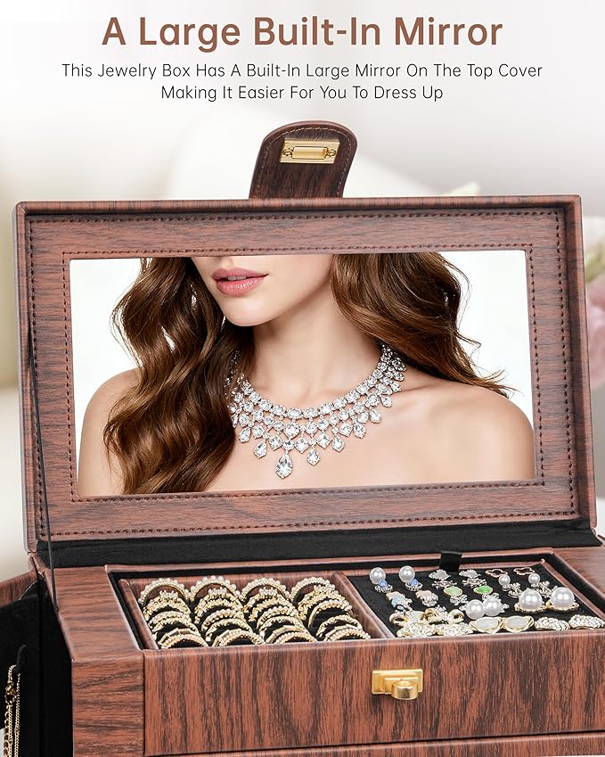 AKOZLIN 360° Rotating Jewelry Box Extra Large 6-Tier Organizer Functional Jewelry Storage Case for Women Girls Ring Necklace Earring Bracelet Holder with Mirror Red Brown