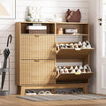 Shoe Cabinet Storage for Entryway with 4 Flip Drawers, Fluted Narrow Shoe Organizer with Wooden Legs & Top Cubby, Freestanding Slim Shoe Storage Hidden Shoe Rack for Front Door Entrance, Oak