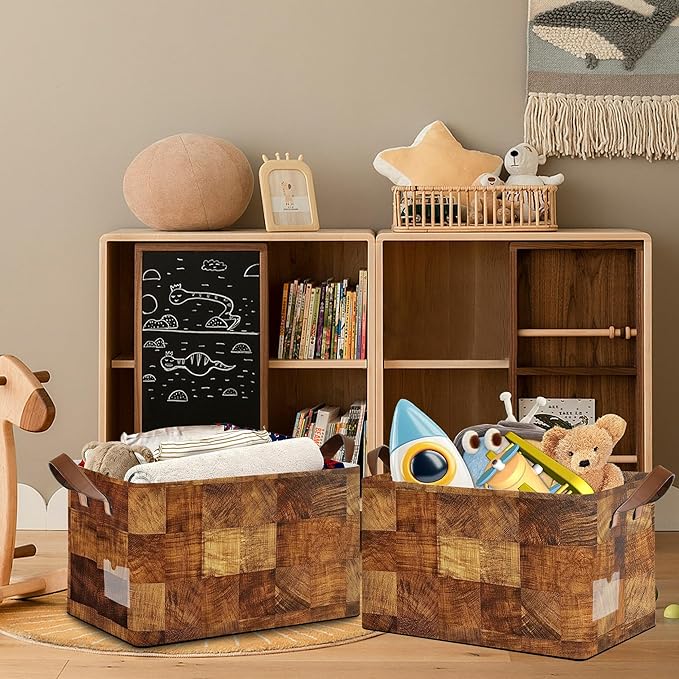 Vintage Wood Grain Storage Baskets,Barn Wooden Foldable Large Capacity Organizer Bins with Waterproof Lining and Leather Handles for Closet,Shelf,Bedroom 17x11.5x10Inch