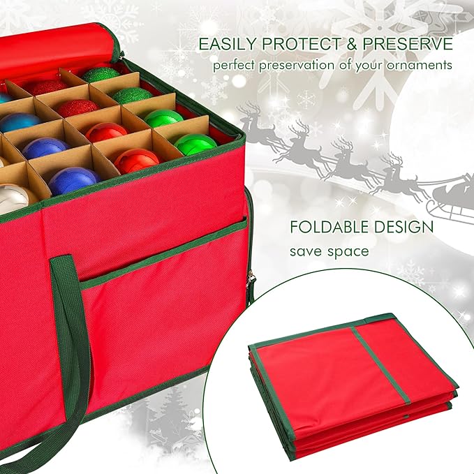 Christmas Ornament Storage Box -Up to 160 Holiday Ornaments with Adjustable Dividers & 6 Pockets Large Capacity Storage Container for Christmas Decorations Toys Gift Wrap Organizer
