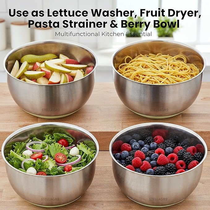 Stainless Steel Salad Spinner Large - Fruit and Vegetable Wash Bowl with Strainer - Lettuce Spinner, Fruit Cleaner, Collapsible Salad Dryer 5.3 Quart Capacity