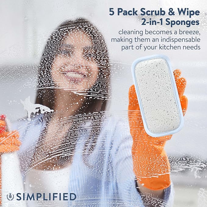 Simplified 5-Pack Scrub & Wipe 2-in-1 Dishwashing Sponges - Non-Abrasive Cleaning Sponges, Double-Sided - Safe for Dishes, Non-Stick Pans or Glassware, Absorbent Dish Sponges, Rainbow Stripe