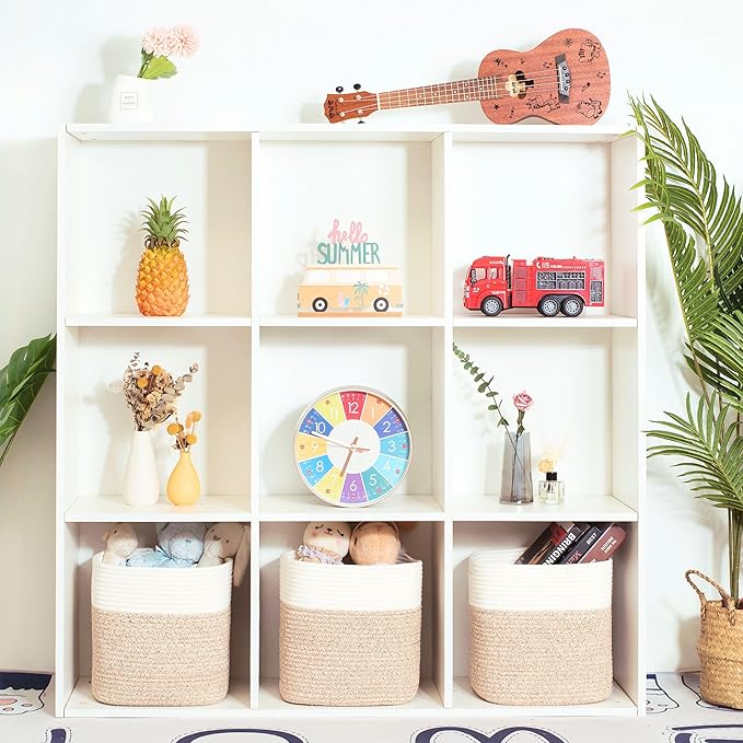 MINTWOOD Design 3-Pack 11x11in Woven Cube Storage Bin and Shelf Baskets, Cute Decorative Square Organizer for Closet, Classroom, Bathroom, Dog and Cat Toys, and Books, Light Brown