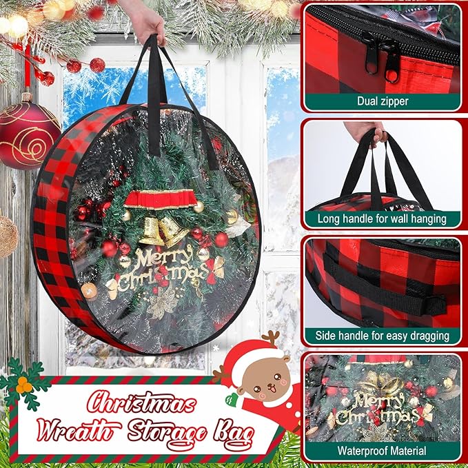 Shappy 4 Pcs Christmas Wreath Storage Bag Wreath Storage Container with Clear Window Plaid Wreath Storage Box with Handles for Storing Garland Holiday Wreath Wrapping(30 Inch,Red Black)