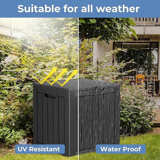 DecksploreOutdoor Storage Box Waterproof, 35 Gallon Lockable Resin Deck Box Small, Patio Storage Bin for Pool Accessories Cushion Furniture, Garden Tools, UV-Resistant Outside Delivery Black