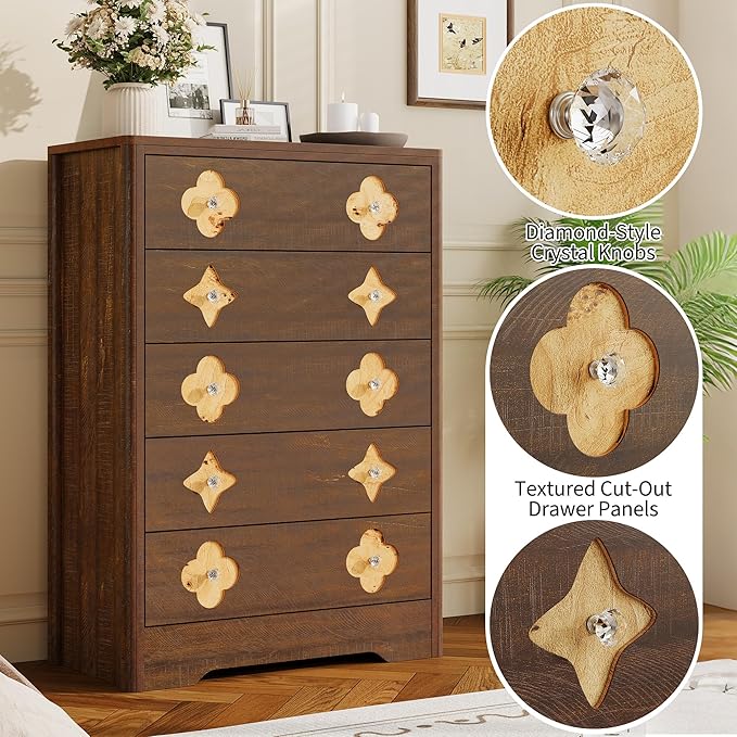 Garvee Dresser for Bedroom with 5 Drawers, 45'' Tall Chest of Large Decorative Drawer Front with Large Clothes Storage Cabinet, Wood Bedroom Dresser, TV Stand for Nursery, Living Room, Enterway