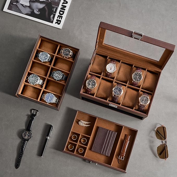 ProCase 20 Slot Watch Box for Men, 3-Layer Watch Display Case with Glass Lid, Watch Holder with Drawer, Jewelry Storage Organizer for Watches Straps Rings -Brown
