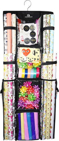 Freegrace Double Sided Hanging Gift Wrap Organizer | Large 16" x 41" Wrapping Paper Rolls Storage Bag | Tearproof & Space Saving Closet Gift Bag Organization Solution (Black)