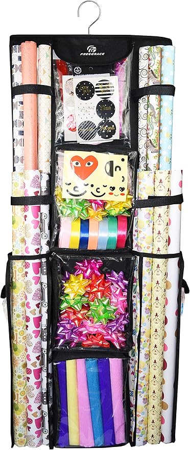 Freegrace Double Sided Hanging Gift Wrap Organizer | Large 16" x 41" Wrapping Paper Rolls Storage Bag | Tearproof & Space Saving Closet Gift Bag Organization Solution (Black)