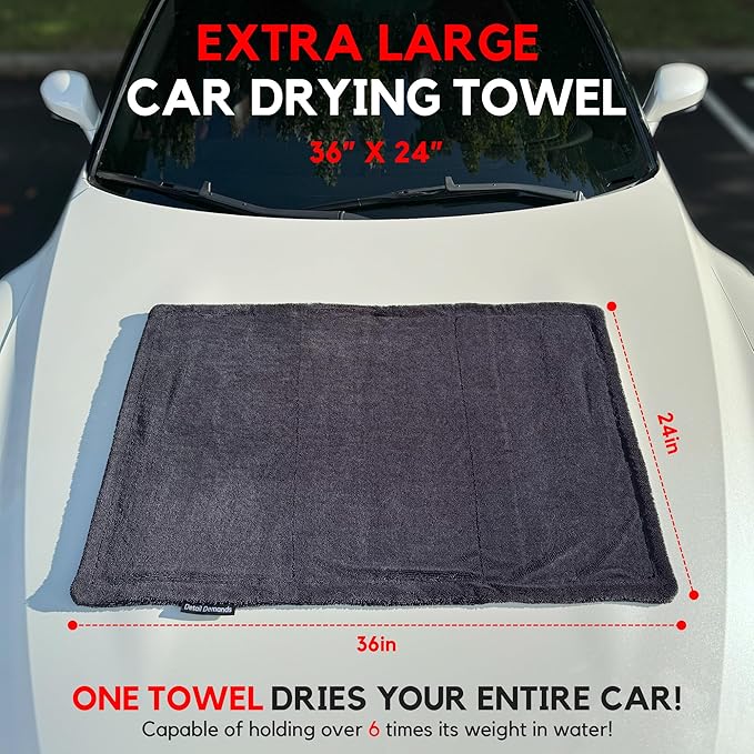 Detail Demands Extra Large Car Drying Towel - 1400 GSM Edgeless Twisted Loop Design - 70/30 Blend Microfiber Towels for Cars, Trucks, SUVs - Superior Absorption, Streak-Free - 24" x 36", Black