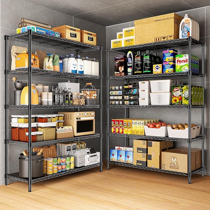 RackBro 48" W Storage Shelves 1875LBS Metal Shelving, 5-Tier Adjustable Wire Shelving Unit with Liners, Heavy Duty Garage Shelving Steel Rack for Commercial Pantry, 48" W x 18" D x 72" H, Black