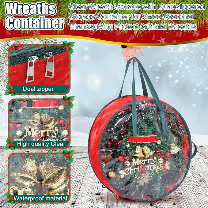 Shappy 6 Pcs Christmas Wreath Storage Bag Plastic Storage Containers for Wreaths Container Christmas Decorative Xmas Plastic Bag Holder Handles Dual Zipper Holiday Wrapping (30 x 7 Inch)