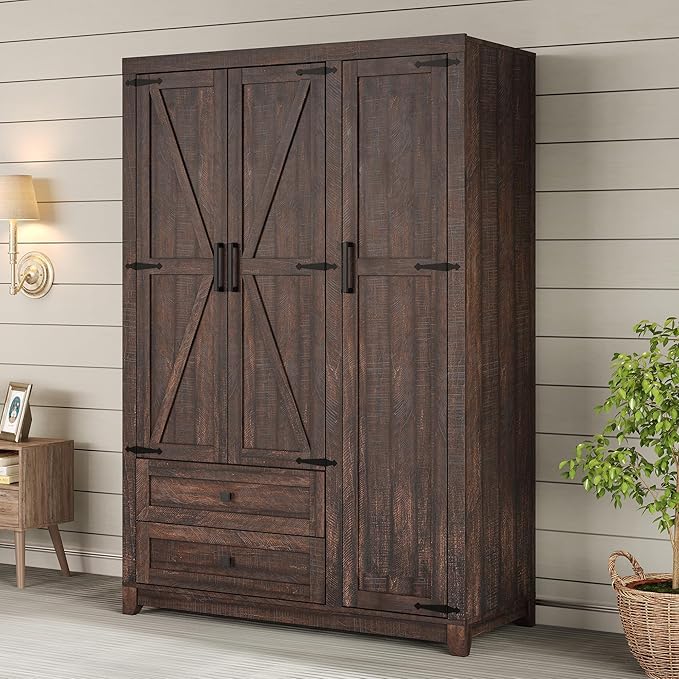 AMERLIFE Farmhouse 3 Door Wardrobe Closet with 2 Drawers & Hanging Rod, 47" Large Armoire Storage Cabinet with Adjustable Shelves, Freestanding Clothing Organizer for Bedroom, Barnwood Brown