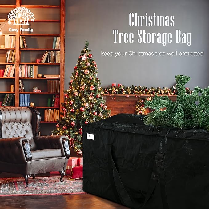 Cosy Family 7.5 ft Christmas Tree Storage Bag - Durable Heavy Duty Extra Large Artificial Xmas Holiday Tree Bag with Reinforced Handles and Dual Zippers Wide Opening - Black