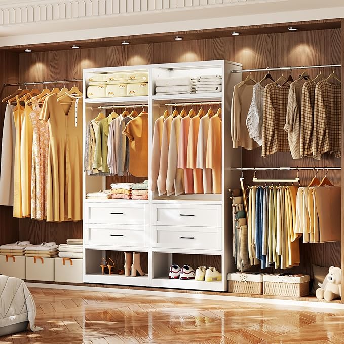 79” Closet System with 2 Drawers, 4-8 Ft Metal Closet Organizer With 4 Expandable Hanging Rods, Walk-in Closet Organizer Wardrobe Garment Clothes Rack
