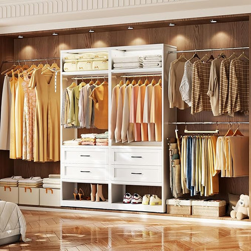 79” Closet System with 2 Drawers, 4-8 Ft Metal Closet Organizer With 4 Expandable Hanging Rods, Walk-in Closet Organizer Wardrobe Garment Clothes Rack