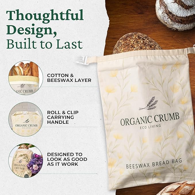Organic Crumb Reusable Bread Bags for Homemade Bread (5 in 1) – 2 XL Cotton Beeswax Bags, Reusable Beeswax Wrap, Bowl Cover & Dough Scraper – Eco-Friendly Storage for Sourdough Bread Bags.