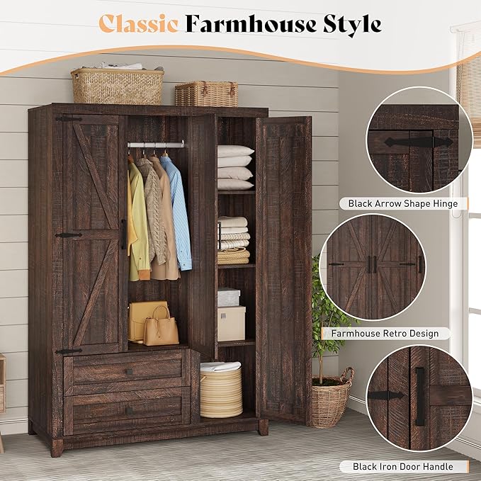 AMERLIFE Farmhouse 3 Door Wardrobe Closet with 2 Drawers & Hanging Rod, 47" Large Armoire Storage Cabinet with Adjustable Shelves, Freestanding Clothing Organizer for Bedroom, Barnwood Brown
