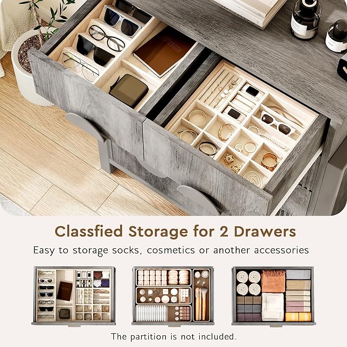 Fluted Dresser for Bedroom with 6 Drawers, 44.5" Tall Chest of Drawers with Raised H Legs and Curved Profile Design, Wood Closet Clothes Storage Organizer for Bedroom, Hallway, Grey
