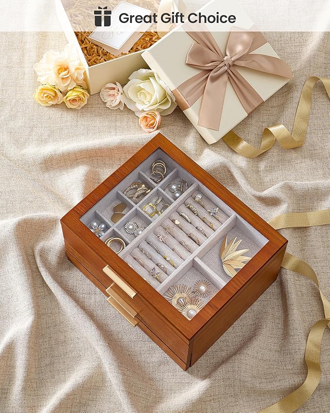Lolalet Jewelry Box, Clear Window Wood Grain Jewelry Storage for Earrings Bracelets Necklaces Rings, High Capacity Organizer for Women -Cherrywood, 4 Layers
