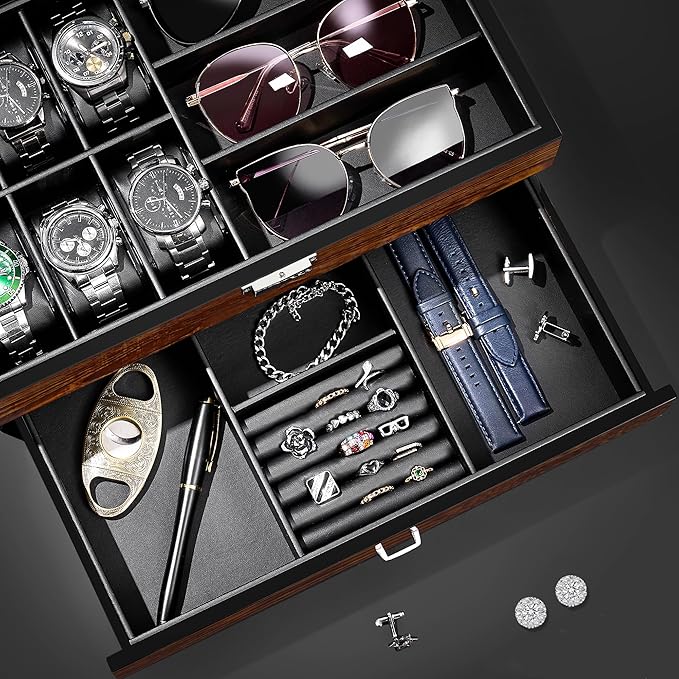 BEWISHOME Men’s Jewelry Box Organizer with Watch Box, 6-Slot Watch Box & Sunglasses Organizer with Drawer, PU Leather Interior, Solid Wooden Watch Case Display with Large Clear Glass Lid, Gift Idea