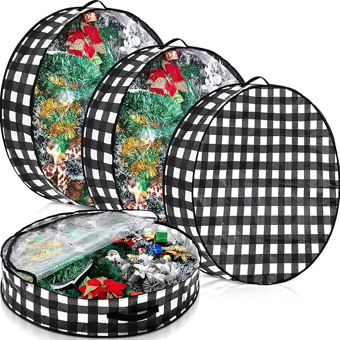 Aliceset 4 Pack Wreath Storage Containers, Christmas Ornament Garland Wreath Storage Bags with Handle Dual Zipper Large Decorative Storages Box for Winter Wreaths(36 x 36 x 7.8 Inch,Black White Plaid)