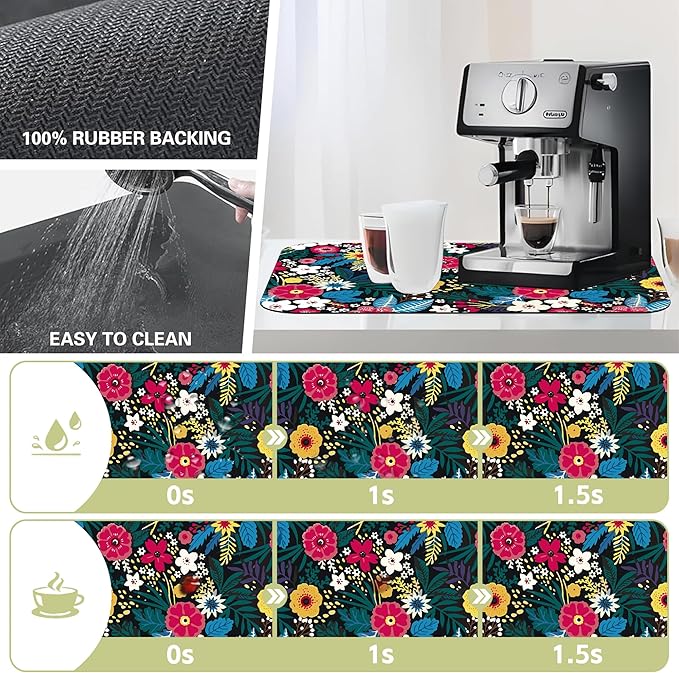 Kitchen Mat Abstract Solid Flowers Dish Drying Mat 12"x19" Bsorbent Coffee Maker Mat for Sink Dishes or Under Rack Kitchen Counter Accessories Absorbent Hide Stain Rubber Backed Dish Drying Pad