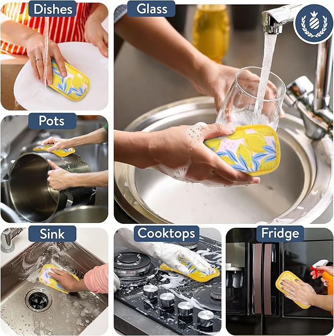 Simplified 5-Pack Scrub & Wipe 2-in-1 Dishwashing Sponges - Non-Abrasive Cleaning Sponges, Double-Sided - Safe for Dishes, Non-Stick Pans or Glassware, Absorbent Dish Sponges, Yellow Leaves