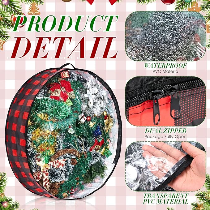 Aliceset 4 Pack Wreath Storage Containers, Christmas Ornament Garland Wreath Storage Bags with Handle Dual Zipper Large Decorative Storages Box for Winter Wreaths(36 x 36 x 7.8 Inch,Red Black Plaid)