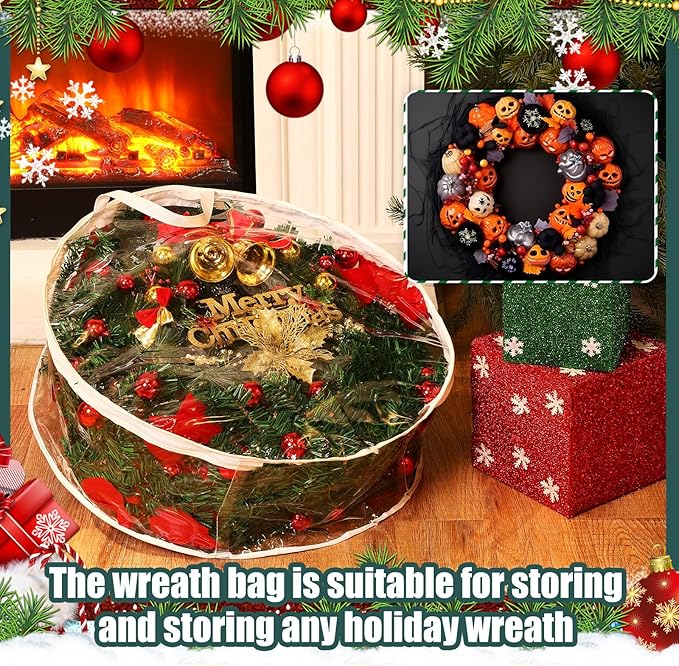 Shappy 4 Pcs 36 Inch Christmas Wreath Storage Container Clear Wreath Storage Bags PVC Waterproof Garland Bags with Clear Window Dual Zippers and Handles for Xmas Holiday Artificial Garland (White)