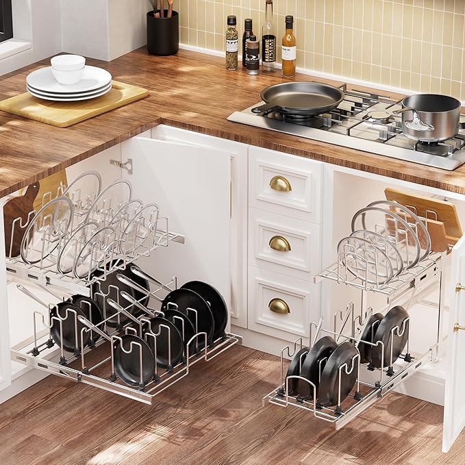 STORKING 2-Tier Kitchen Pull out Cabinet Organizer for Pots, Pans, and Lid Cookware, Adjustable Heavy Duty Wire Pan and Pot Rack, Full-Extension Rail 15" W *22" D