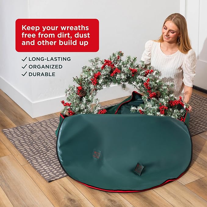 HOLDN’ STORAGE Premium Wreath Storage Bag - Durable Material - Waterproof - Heavy-duty Christmas Storage Container for Xmas Wreath with Dual Zipper Closure, Tear-proof, 36"W x 8"D - Green
