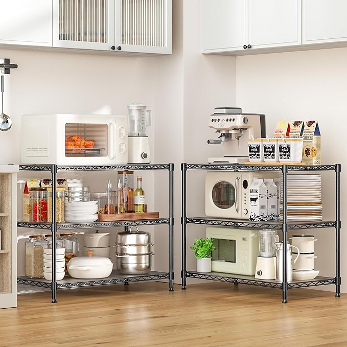 RackBro 3-Tier Storage Shelves 795LBS Metal Shelving Unit, Adjustable Wire Rack Small Shelf Organizer with 3 Shelf Liners for Kitchen Pantry Office Bedroom Closet Garage 24" W x 14" D x 30" H Black