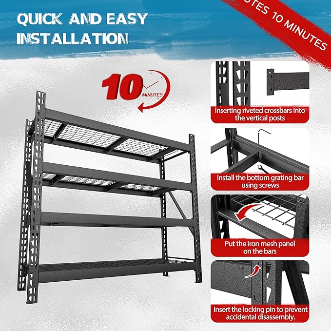 BlueWish 8000LBS 78 "W x 24 "D x 72 "H Garage Shelving Heavy Duty Storage Shelves, 4-Tier Adjustable Storage Shelves, Iron Industrial Shelving for Warehouse Basement, Black