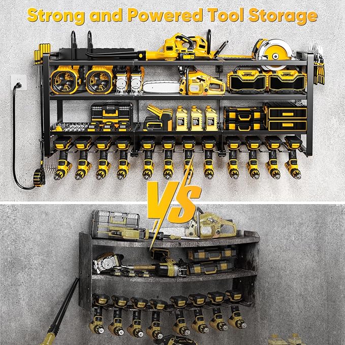 POKIPO 49.5" W Large Power Tool Organizer Wall Mount with Charging Station, 4 Tier Heavy Duty 12 Cordless Drills Holder Load 800 lb, Tool Battery Storage Rack Built in 8 Outlet Power Strip for Garage
