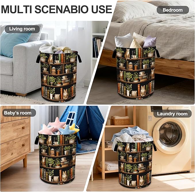 Wooden Bookshelf Cat Laundry Basket Storage Bin Foldable Laundry Hamper Clothes Storage Bucket Organizer 19.6x15.7 Inch For Laundry Room/Bedroom/Bathroom