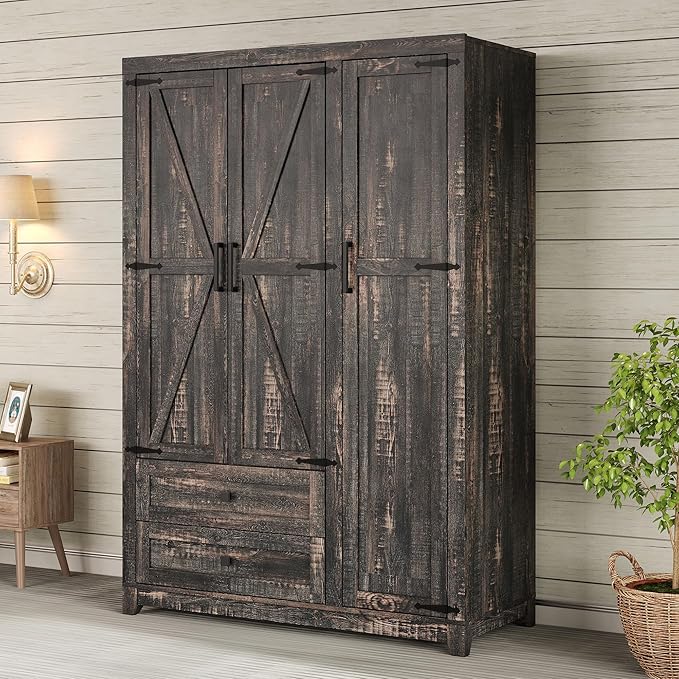 AMERLIFE Farmhouse 3 Door Wardrobe Closet with 2 Drawers & Hanging Rod, 47" Large Armoire Storage Cabinet with Adjustable Shelves, Freestanding Clothing Organizer for Bedroom, Black Oak