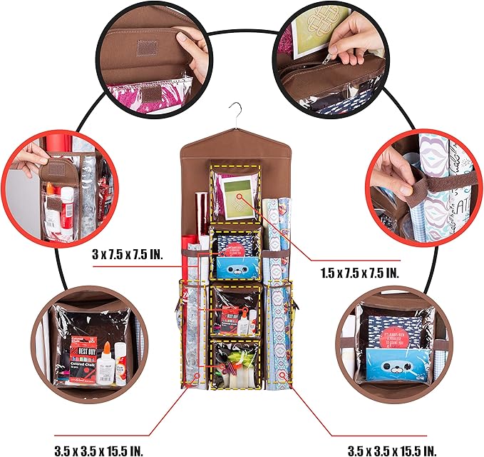 Double-Sided Hanging Gift Bag and Gift Wrap Organizer (Brown)